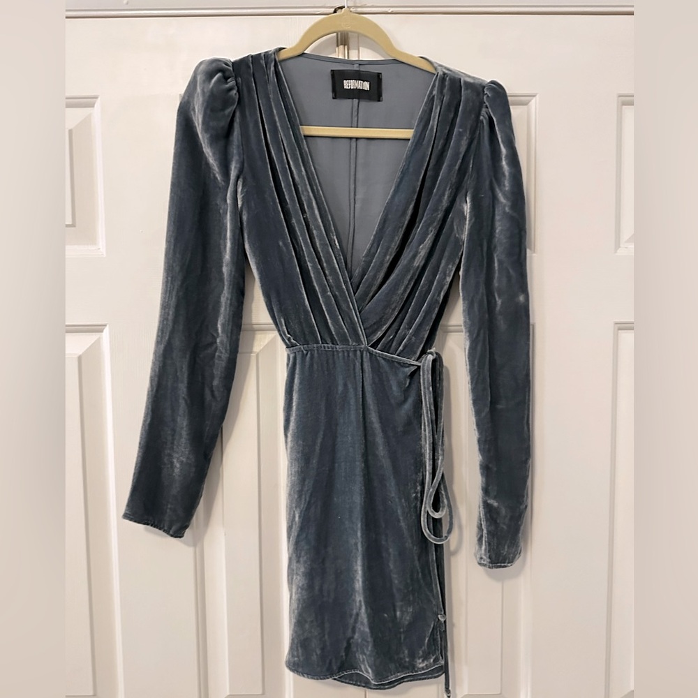 REFORMATION Chrissy Dress Velvet Wrap Holiday Collection ~ Rain Blue